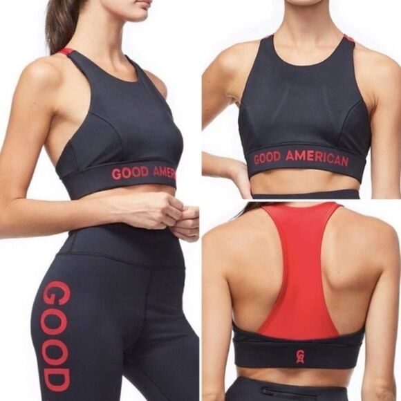 Good American black red logo high neck long line racer back athletic sports bra - Picture 5 of 5
